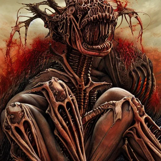 Image similar to conjoined demon twins sitting legs crossed in a desert hellscape covered in gore by Yoshitaka Amano, by HR Giger, biomechanical, 4k, hyper detailed, hyperrealism, anime, a Broken World demons flying overhead, red sky, blood and body parts, deviantart, artstation