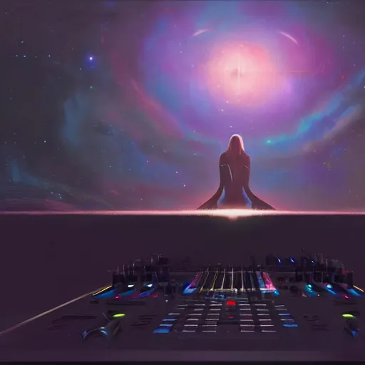 Image similar to Djing in front of the universe, digital art, trending on artstation, by Greg Rutkowski, 4K