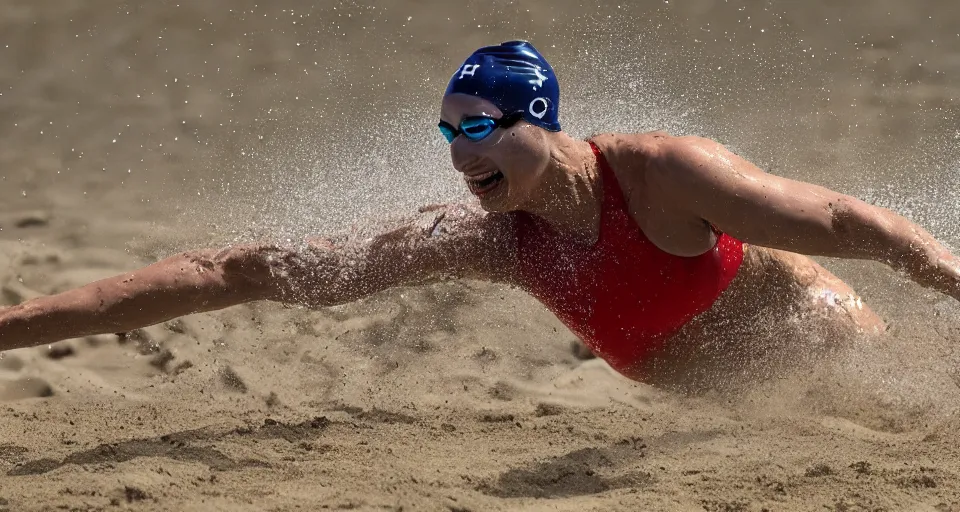 Image similar to olympic swimming in sand instead of water, extremely coherent, motion blur