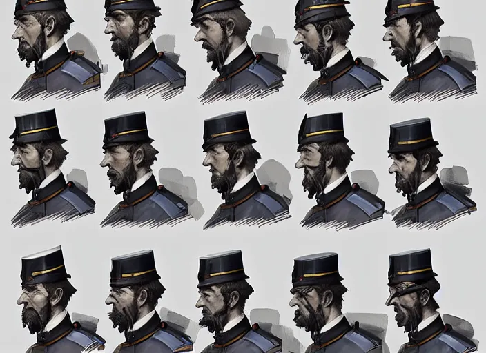 Image similar to 1 8 5 5 british crimean war soldier, character face study, multiple angles, directions and moods. faces only, concept art finely detailed perfect art, painted by greg rutkowski makoto shinkai takashi takeuchi studio ghibli, pinterest, cevagraf comics