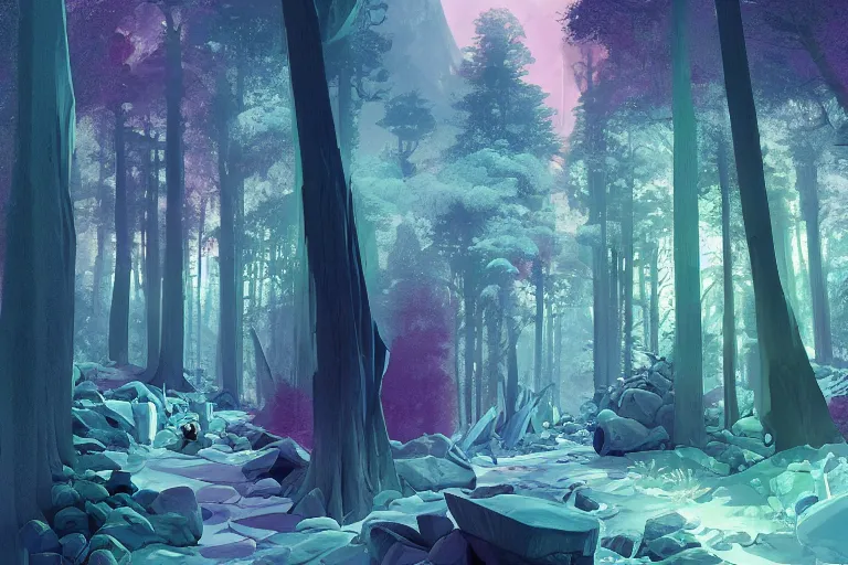 Prompt: A crystal mountain in a spectral forest, infrared sky, digital art, artstationhq, by Charles Sheeler and Jordan Grimmer and Victor Mosquera