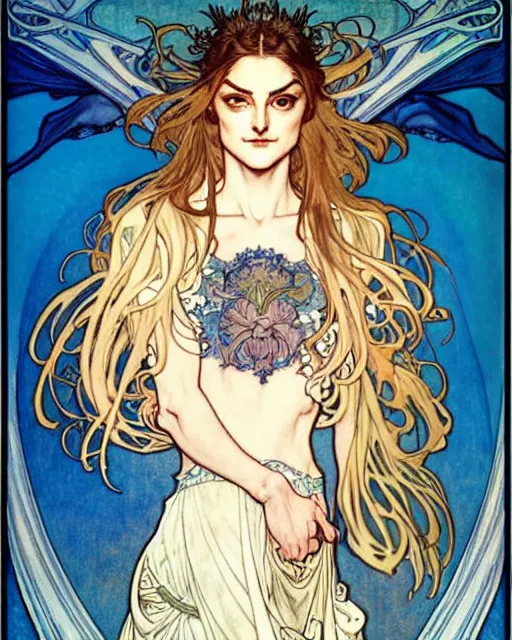 Image similar to in the style of artgerm, arthur rackham, alphonse mucha, phoebe tonkin, symmetrical eyes, symmetrical face, flowing blue skirt, full entire body, hair blowing, intricate filagree, hidden hands, warm colors, cool offset colors