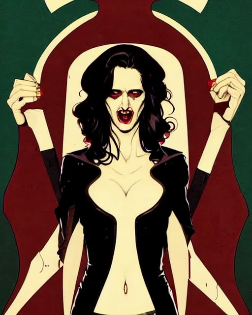 Prompt: Rafael Albuquerque comic art, art nouveau, Norman Rockwell, Joshua Middleton, pretty female Eva Green vampire, sharp vampire teeth, sarcastic smile, symmetrical eyes, symmetrical face, brown leather jacket, jeans, long black hair, full body, building on fire, cool colors