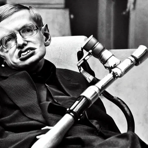 Image similar to stephen hawking with a rocket launcher blowing up terrorists