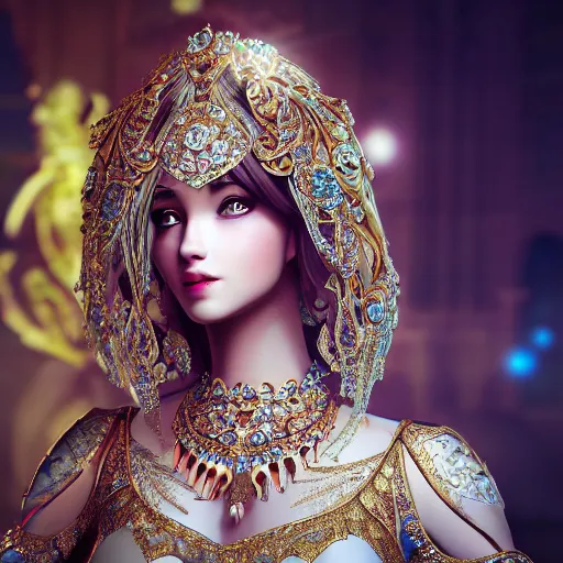 Image similar to portrait of pretty princess with perfect skin, glowing, ornate and intricate diamond jewelry, jaw dropping beauty, ornate and intricate backdrop, white accent lighting, hyper detailed, 4 k octane render