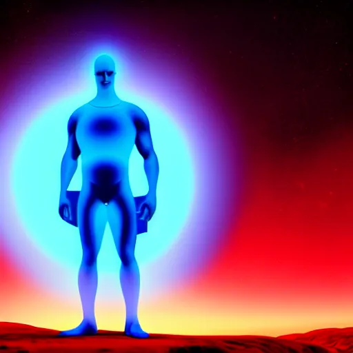 Image similar to Contemporary digital art in style of John Higgins Highly detailed Dr.Manhattan character from Watchmen watching on a beautiful sunrise on mars. Volumetric light