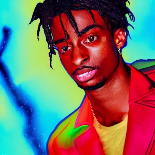 Image similar to playboi carti, photorealistic, detailed face, full body shot, 8 k, hd, neon colors, over saturated colors, wok,