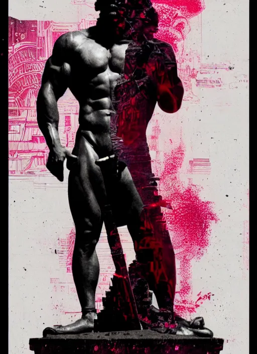Prompt: dark design poster showing a statue of hercules, black background with very subtle red and purple design elements, subtle white lines, powerful, nekro, guido crepax, graphic design, collage art, dark, glitch art, neo vaporwave, gritty, layout frame, square, trending on artstation