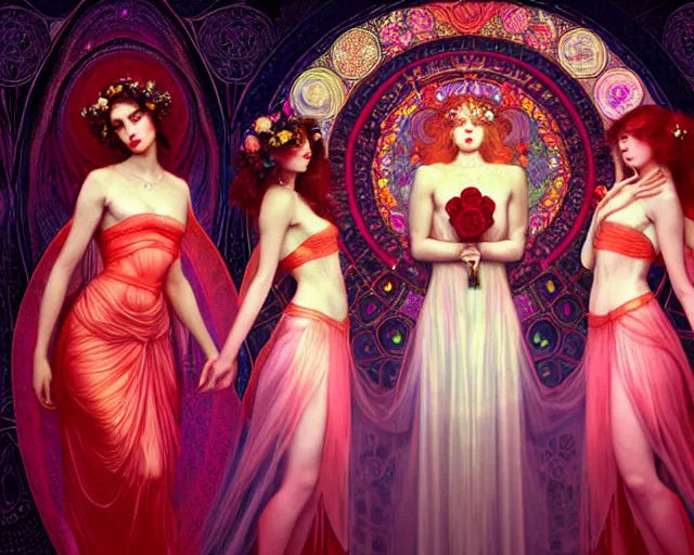 Image similar to three stunning goddesses with beautiful angelic faces, wearing psychedelic wicca, in wedding dresses, red neon roses, full body, dark and mysterious, atmospheric, ominous, eerie, cinematic light, epic, 8 k 3 d, ultra detail, ultra realistic, by wlop, by mucha, by giger