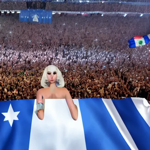 Image similar to Lady Gaga as president, Argentina presidential rally, Argentine flags behind, bokeh, giving a speech, detailed face, Argentina