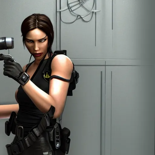 Image similar to lara croft in handcuffs, police station interior,