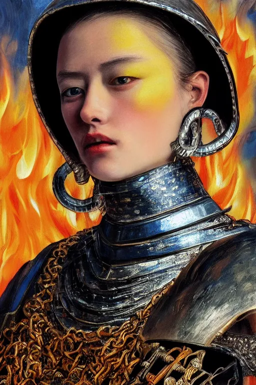 Image similar to hyperrealism oil painting, close-up portrait of medieval european fashion model, knight, steel gradient mixed with fire sky, in style of baroque mixed with 70s japan book art