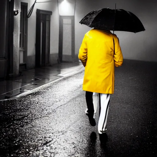 Prompt: A dramatic portrait of a man wearing yellow rain coat , holding red umbrella , walking in a black and white street . Cinematic lighting