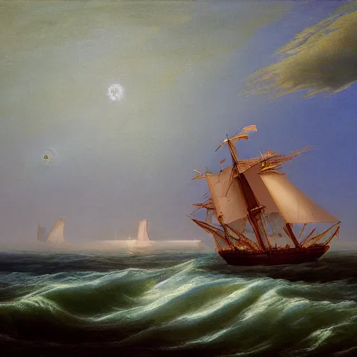 Image similar to clouds made out of the universe with luminous skies and a ship sailing in the distance, fitz henry lane, painting, detailed