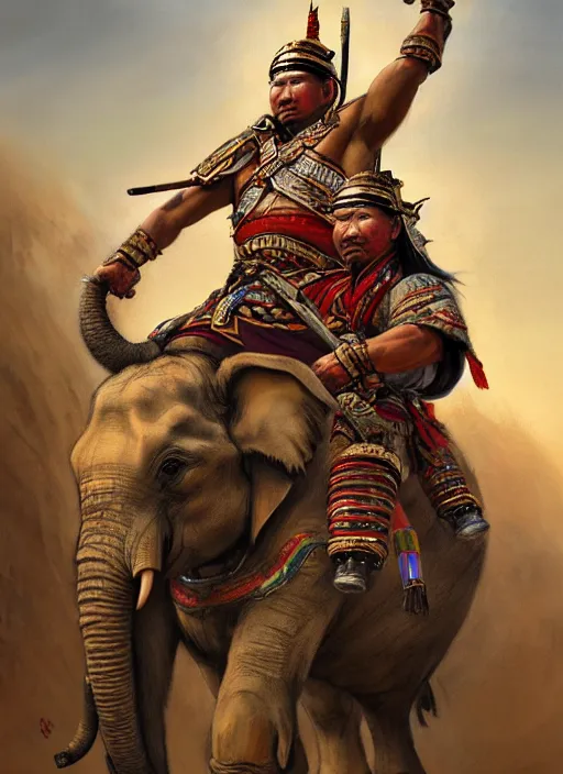 Image similar to portrait of a tai ethnic warlord rides an asian war elephant with emotional movement in the battlefield, closeup portrait, historical, tai ethnic decoration, elegant, loin cloth, highly detailed, oil painting, artstation, concept art, matte, sharp focus, illustration, hearthstone, art by earl norem