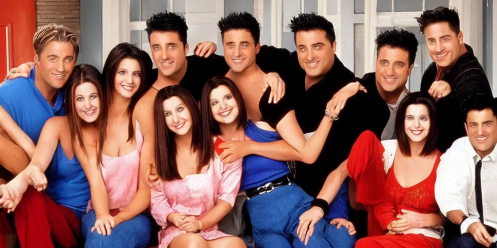 Image similar to the cast of friends but everyone is joey tribianni