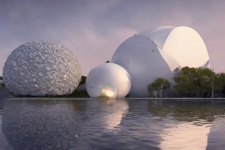 Image similar to a building formed by the intersection and fusion of many multi - white spherical and egg - shaped spaces. on the calm lake, people's perspective award winning, highly detailed 4 k art, dusk, unreal engine highly rendered, global illumination, radial light, internal environment by kazuyo sejima