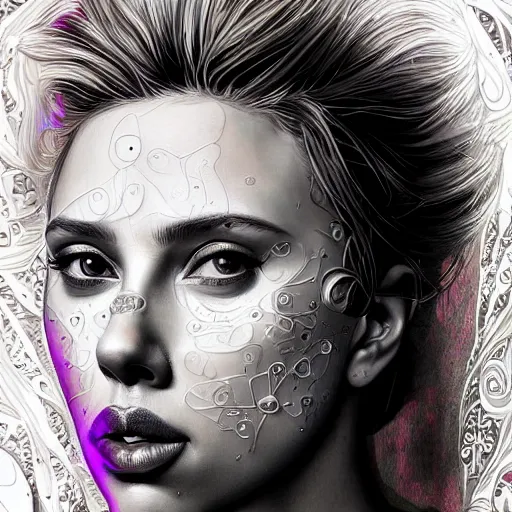 Image similar to An extremely psychedelic portrait of Scarlett Johansson, surreal, LSD, face, detailed, intricate, elegant, lithe, highly detailed, digital painting, artstation, concept art, smooth, sharp focus, illustration