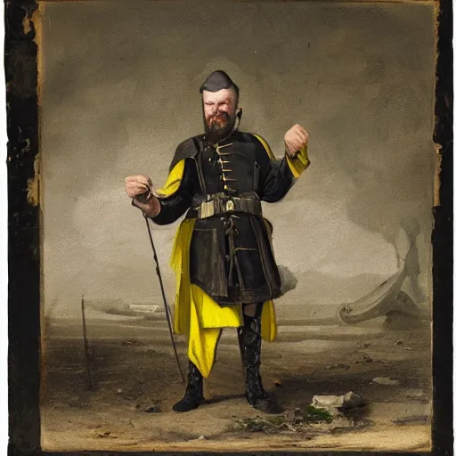 Image similar to Portrait of frustrated and acerbic male Imperial sergeant with a short beard wearing a {black and yellow tabard} over a steel breastplate and a black gambeson with his hands planted on a table with a war theater map, by Greg Rutkowski, {perfect face}, {perfect eyes}, {perfect body}, {hands planted on war table while standing}, fantasy