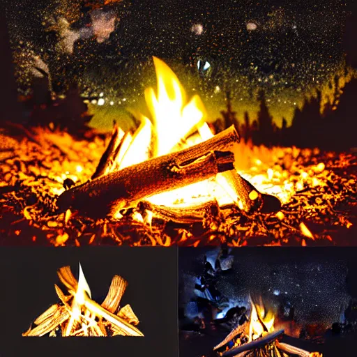 Prompt: a comfy crackling outdoor campfire in front of a very dark background of yellow illustrated stars, astrophotography, warm muted colors, cut paper photo collage with photograph and illustration