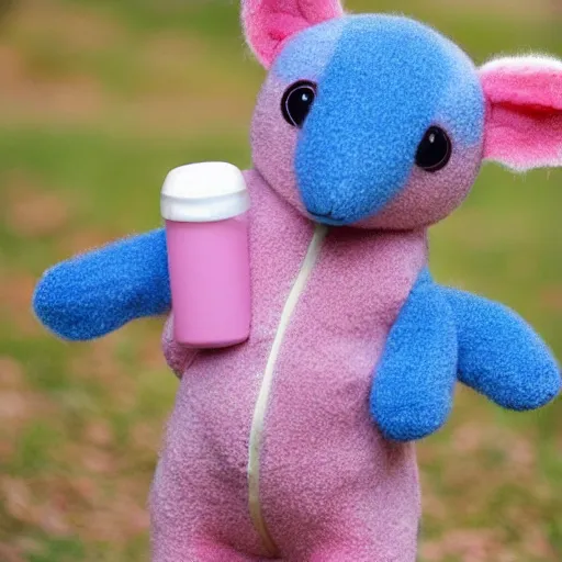 Image similar to A very very very cute pink furry stuffed kangaroo animal with blue sweater