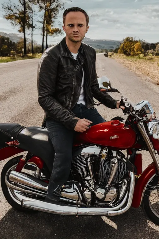 Prompt: a portrait of a handsome man in a motorcycle