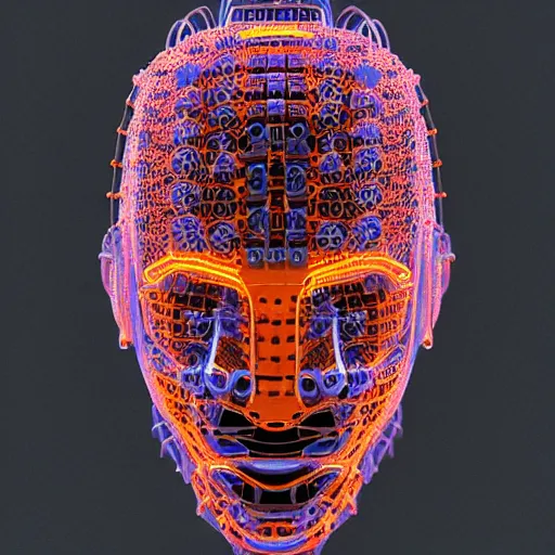 Image similar to a glossy claymodel of a futuristic robot head, top of the head is made of gears and multicolored glowing tubes, glowing digital eyes, 8 k, front shot, symetrical, flourescent colors, halluzinogenic, multicolored, insanely detailed, 3 d render, octane