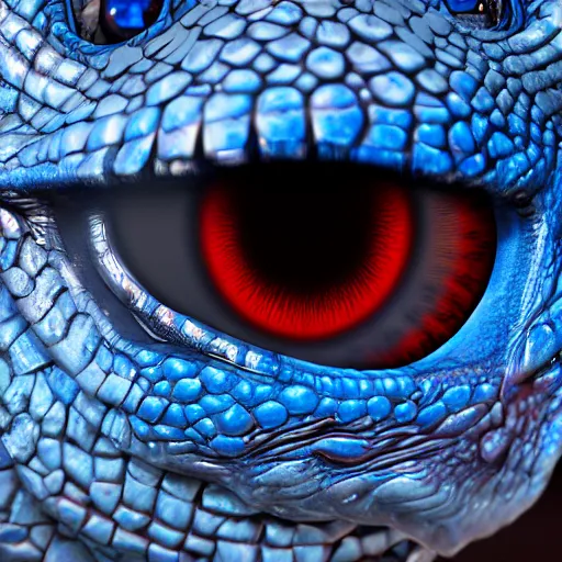 Image similar to big blue eye of ancient red dragon, close-up, high detail 3d model, Octane render, octane, 4k