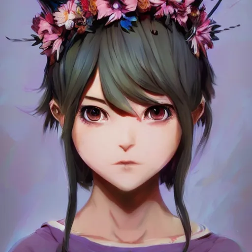 Image similar to portrait of anime pixie character with flower crown hair, manga cover, highly detailed, digital painting, artstation, concept art, sharp focus, illustration, strong brush stroke, anime, art by greg rutkowski, ilya kuvshinov, sharp focus, ghibli studio, art by ilya kuvshinov, rossdraws