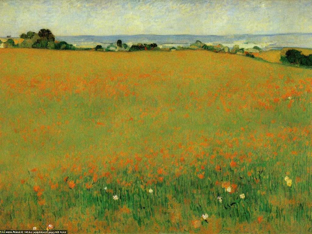 Image similar to an impressionist landscape depicting a field of tulips and rolling hills by ramon casas, edgar degas and van gogh