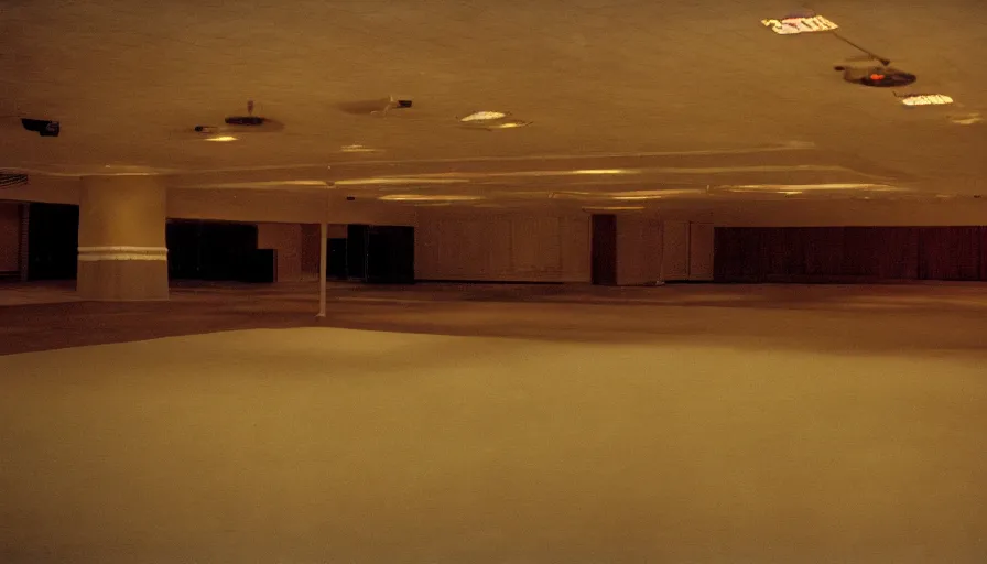 Image similar to 70s movie still of a wide ballroom and a high ceiling, cinestill 800t Technicolor, heavy grain, high quality, criterion collection, liminal space style