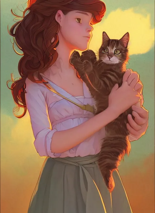 Prompt: well - lit art nouveau portrait of a 1 3 - year old girl playing with a kitten at sunset, natural lighting, path traced, highly detailed, high quality, cartoon, digital painting, by don bluth and ross tran and studio ghibli