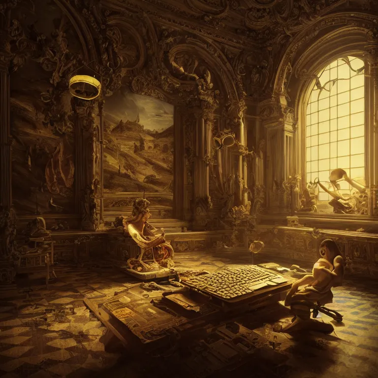Prompt: motherboard, chip circuit, computer, dream - like atmosphere, baroque landscape painting, perfect composition, beautiful detailed intricate insanely detailed octane render trending on artstation, 8 k artistic photography, photorealistic, soft natural volumetric cinematic perfect light, chiaroscuro, award - winning photograph, masterpiece, raphael, caravaggio, greg rutkowski, beeple