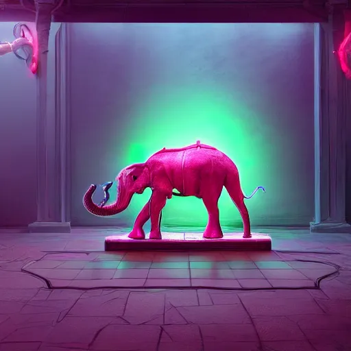 Image similar to a realistic antropomorphic pink elephant dressing necromancer clothes sited in a xenomorphic throne with glow neon eyes, finely detailed, 4 k, photorealistic, cycles engine,