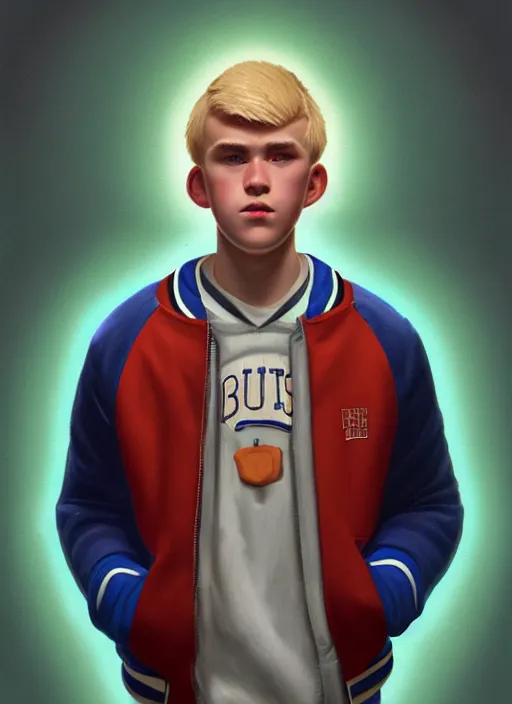 Image similar to portrait of high school senior boy named big moose, blonde short hair, jock, beefy, wide face, square jaw, square facial structure, blue varsity jacket with letter r, intricate, elegant, glowing lights, highly detailed, digital painting, artstation, concept art, sharp focus, illustration, art by wlop, mars ravelo and greg rutkowski