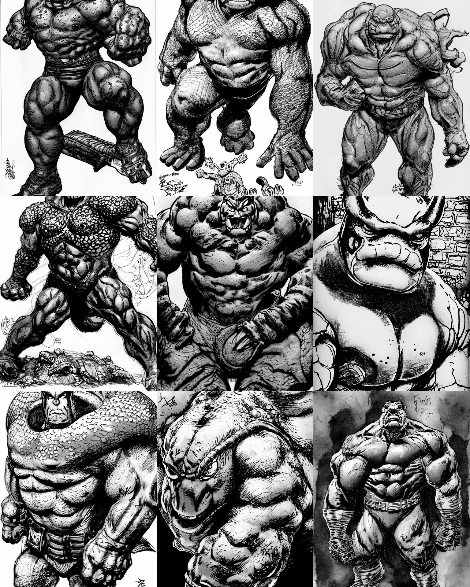Prompt: toad animal!!! jim lee!!! close up shot!! flat grayscale ink sketch by jim lee close up in the style of jim lee, war army armor massive hunter hulk! toad animal looks at the camera by jim lee