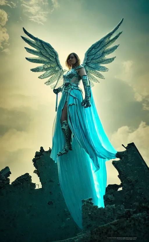 Image similar to angel, big wings, low key light, full plate armor with cloth, f 1 6, bokeh, medium portrait, gentle, female, ornate city ruins, landscape, d & d, fantasy, intricate, elegant, highly detailed, teal white gold color palette, roger deakins, sharp focus, greg rutkowski and alphonse mucha