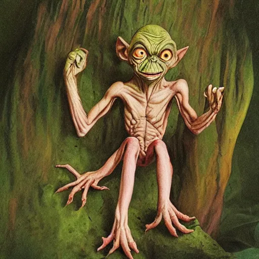 Image similar to Gollum on psylocibine mushrooms