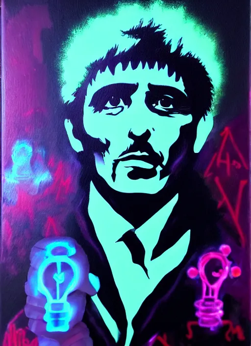 Prompt: photorealistic tony montana in a style of cyberpunk, magic glowing blur, glamour necro science acrylic painting, salvia divinorum made in abyss