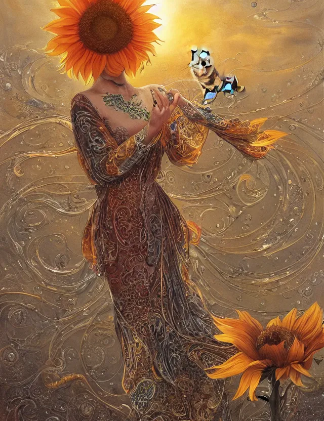 Image similar to a china cat sunflower walking proudly jingling in the midnight sun with a bodhi that drips a silver kimono Like a crazy quilt star gown through a dream night wind, intricate and complexly detailed wet oil painting, by Karol Bak and Tony Diterlizzi, influenced by Artgerm, golden hour scene, center perspective, multi-dimensional, 8k, octane rendering,