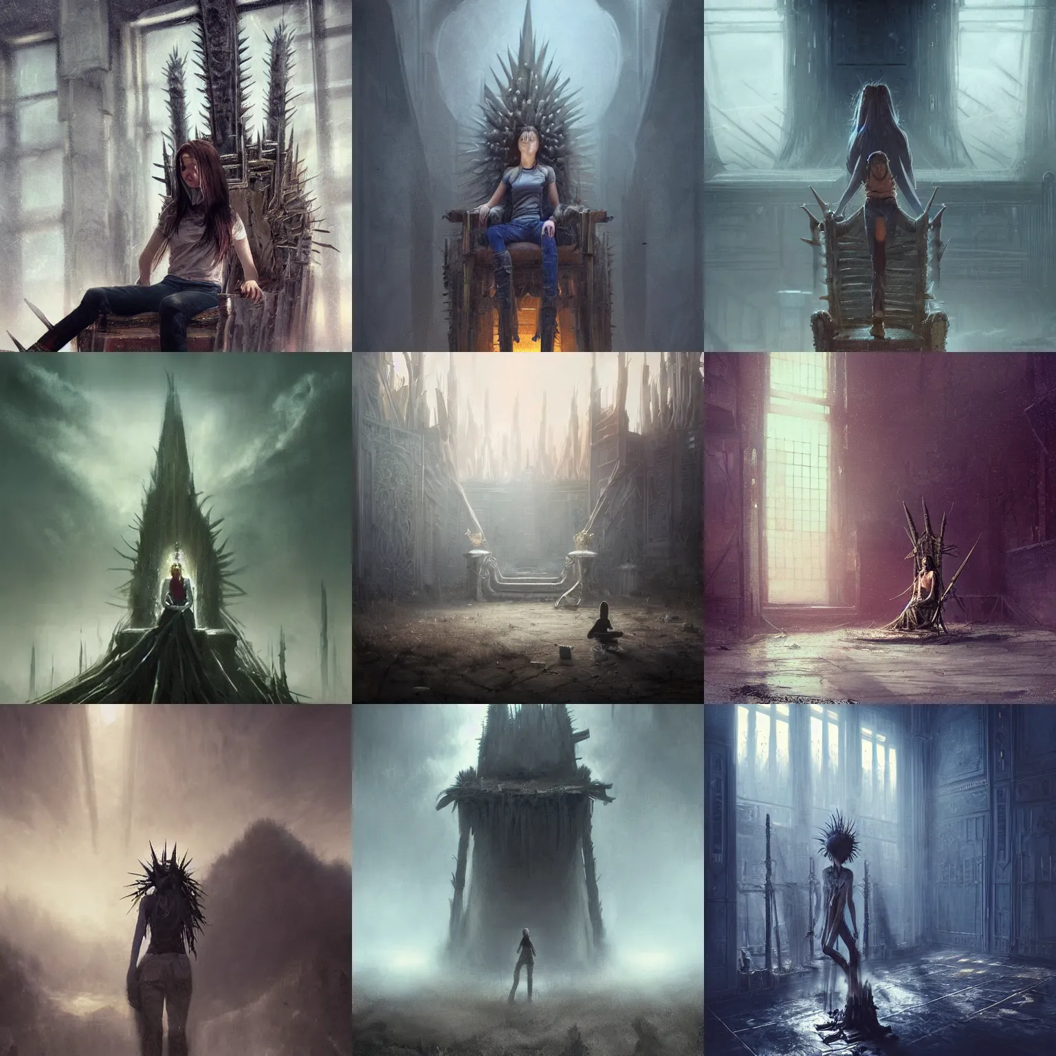 Prompt: masterpiece WLOP paiting of a distant view of a tall spikey throne room with a dirty teenage girl with brown hair with a serious face, wearing old jeans and worn shirt sitting in a tall throne os spikes, dirty and old, volumetric lighting, foggy, featured on Artstation, by WLOP, Ross Tran, Greg Rutkowski