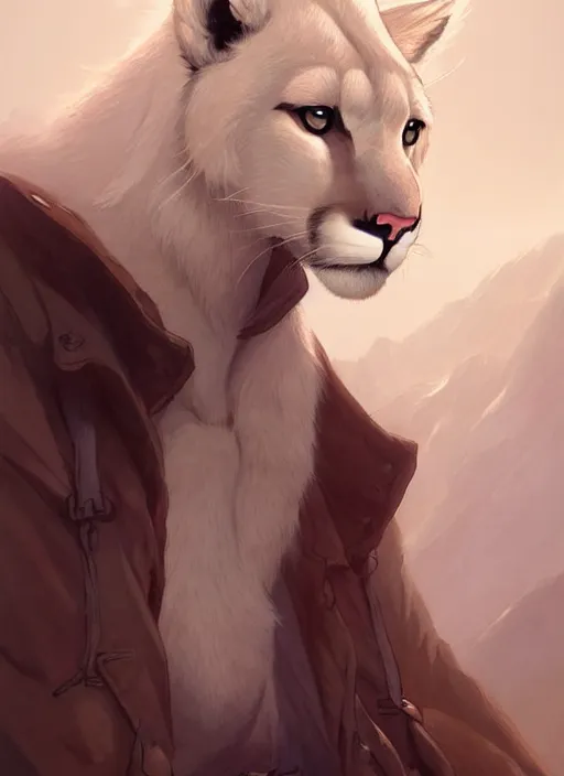 Image similar to beautiful portrait commission of a male furry anthro albino mountain lion wearing miner's clothes in the western frontier. Atmospheric. Character design by charlie bowater, ross tran, artgerm, and makoto shinkai, detailed, inked, western comic book art