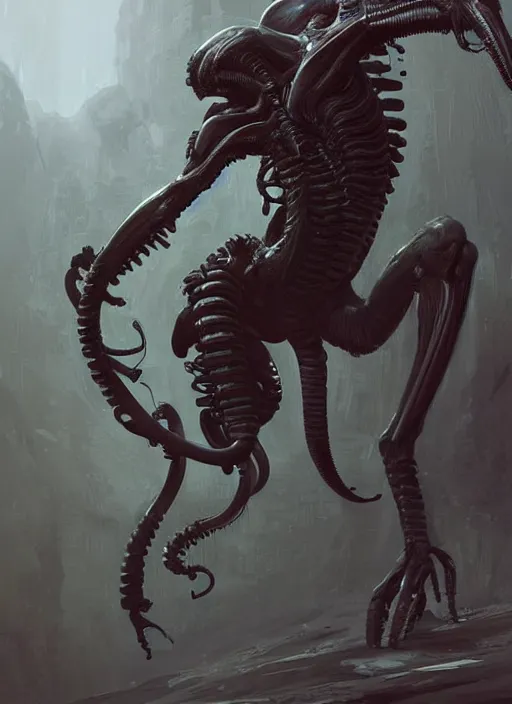 Prompt: a digital painting of a xenomorph, by netter, muscular, deadly, style from greg rutkowski, beautiful eyes, long hair, full frame, oil painting, featured on artstation, concept art, smooth, sharp focus, illustration, very detailed, ambient lighting, unreal engine render, concept art by Atey Ghailan, by Loish, by Bryan Lee O'Malley