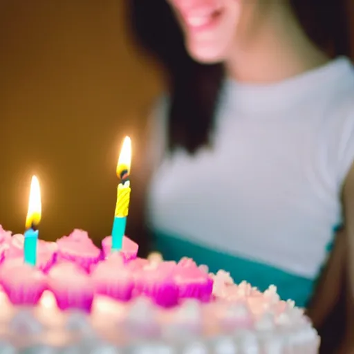 Image similar to a iPhone photo of a young woman blowing out the candles on her birthday cake