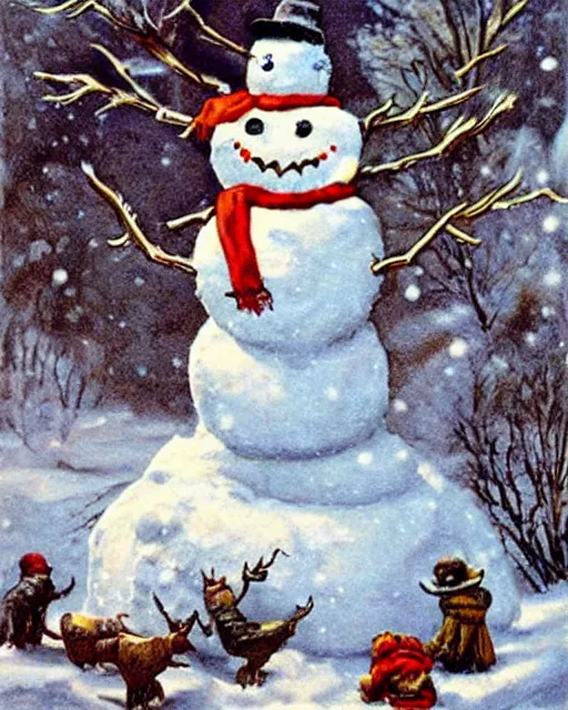 Image similar to snowman made of meat, art by beksinksy, bernie wrightson