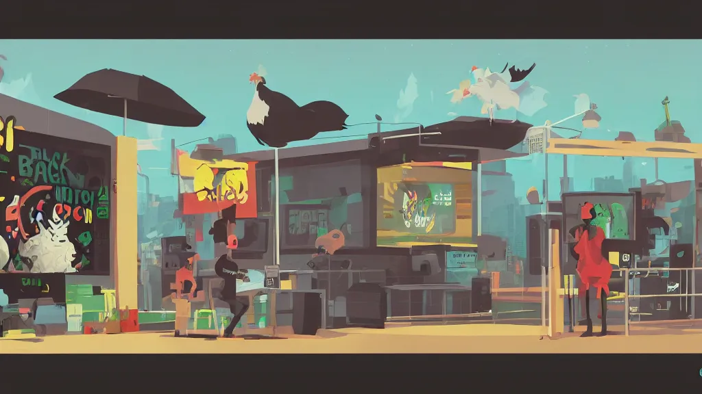 Image similar to black! chicken! smoking cannabis!!!, in front of multi monitors broadcasting studio, artwork by James Gilleard