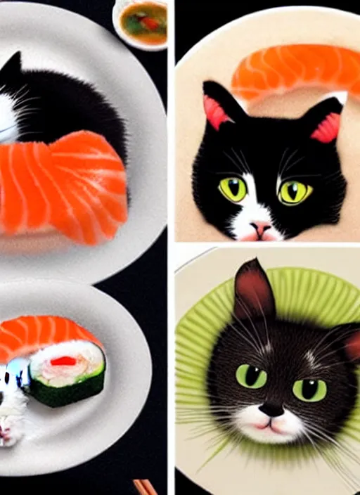 Image similar to clear photorealistic picture of adorable cats made out of sushi