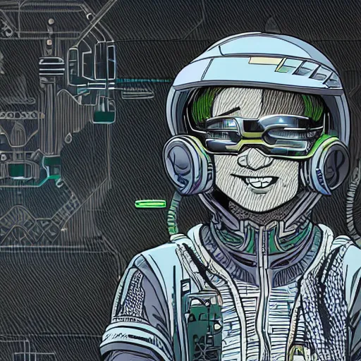 Prompt: in the style of bubbltek and josan gonzalez close up of a smiling young explorer wearing a cyberpunk headpiece, highly detailed, intricate details, 8k wallpaper