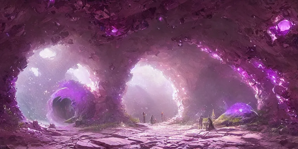 Prompt: beautiful hyper realistic zergling tunnel in cave of purple crystals, beautiful painting by greg rutkowski, atmosphere, ethereal, magic, amazing, positive vibes