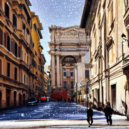 Image similar to The city of Rome under the snow on August. It's snowing everywhere on the entire cityscape of Rome under a blue sky and a very hot sun. It's crazy hot. People wear swimsuits and are very puzzled.
